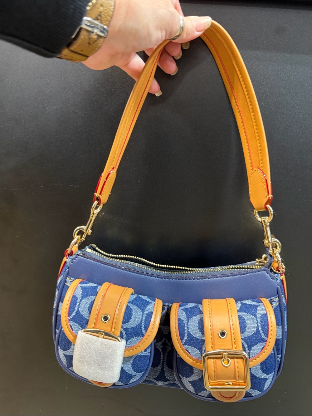 Designer-Style Blue Denim Mini Shoulder Bag with Tan Trim coach